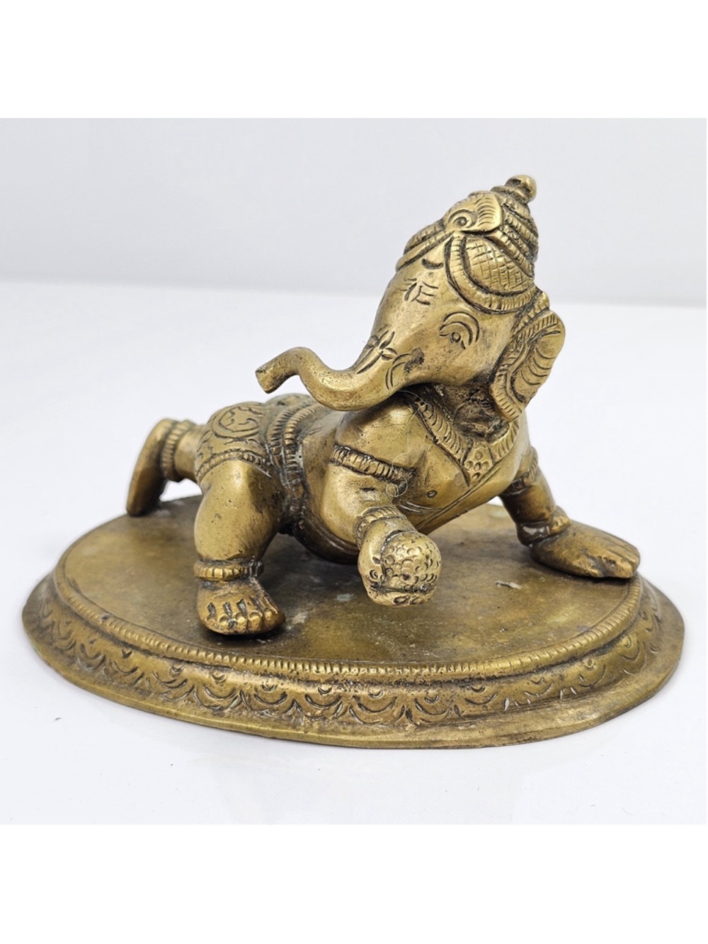 Vintage Brass Crawling Baby Ganesha Statue Hindu Elephant God Figure